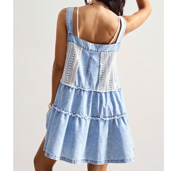 Light Wash Crochet Frayed Detail Adjustable Denim Jean Mini Dress - Picture 6 of 6